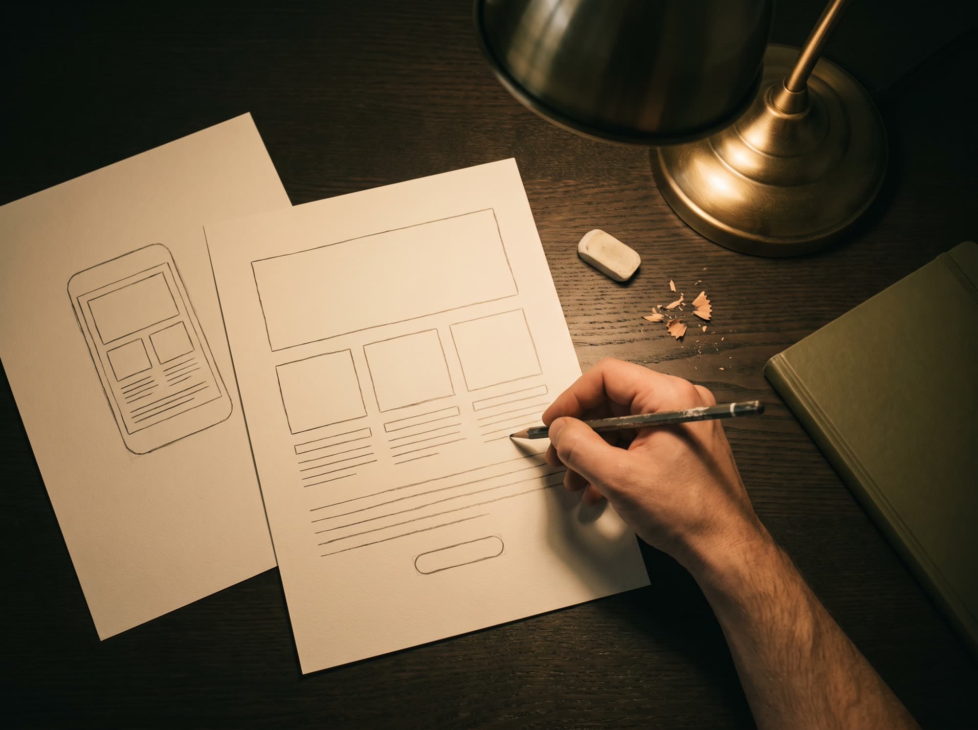 A hand sketching a page layout in pencil under a brass desk lamp, with a phone layout drawn on a second sheet
