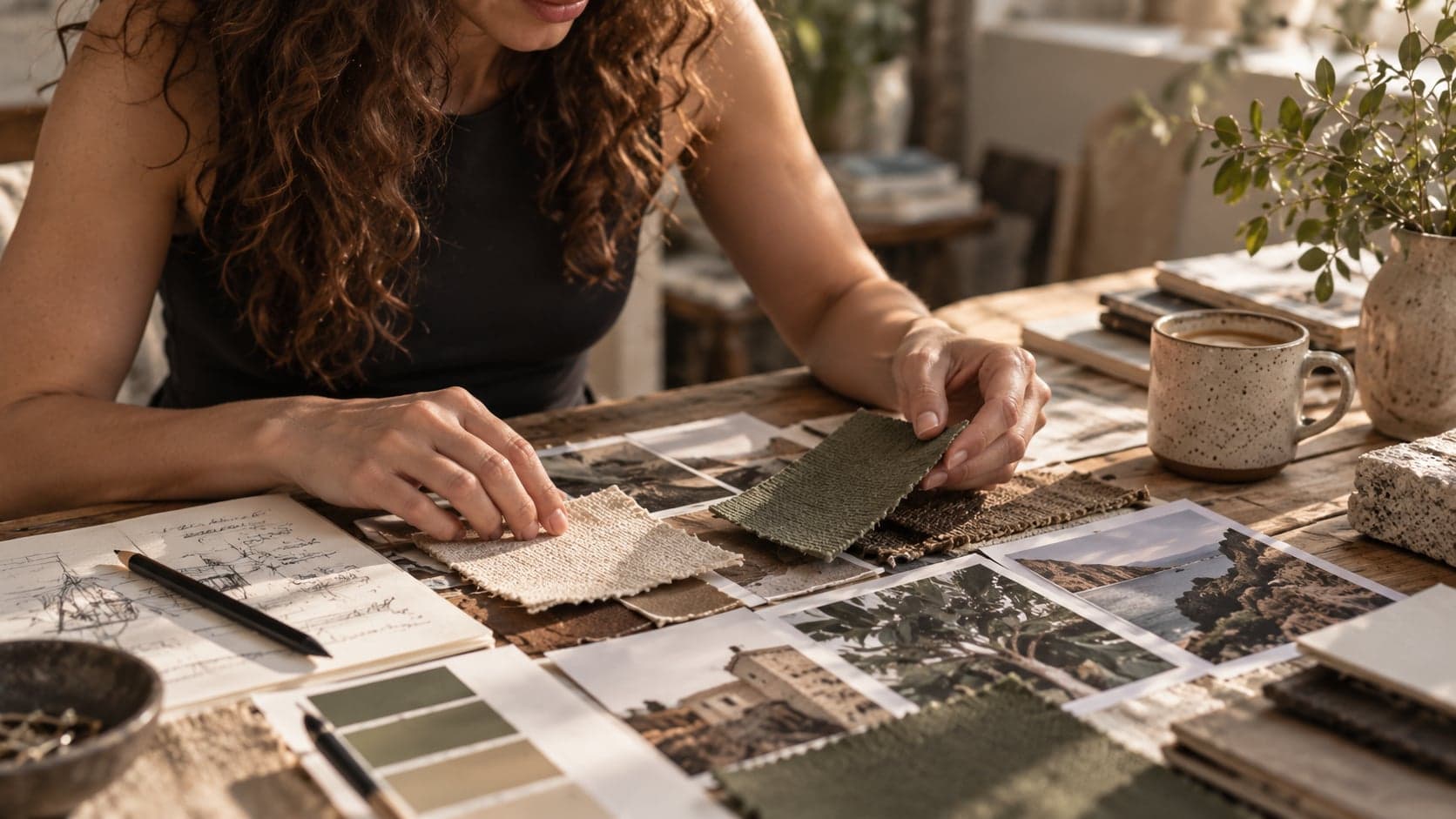 Hands laying fabric and paper swatches beside printed photographs and a sketchbook on a studio table