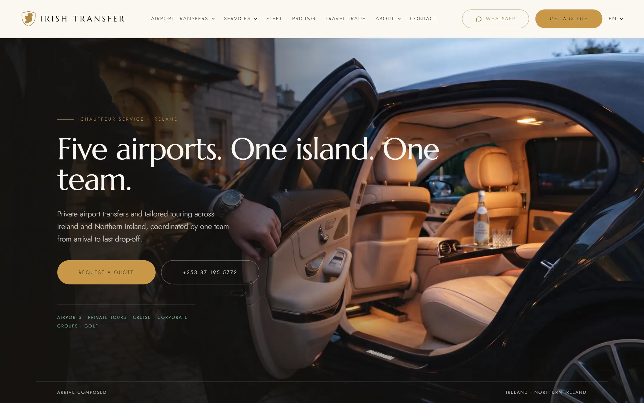 Irish Transfer home page: a chauffeur opening the door of a car, with the line Five airports. One island. One team. and a Request a quote button